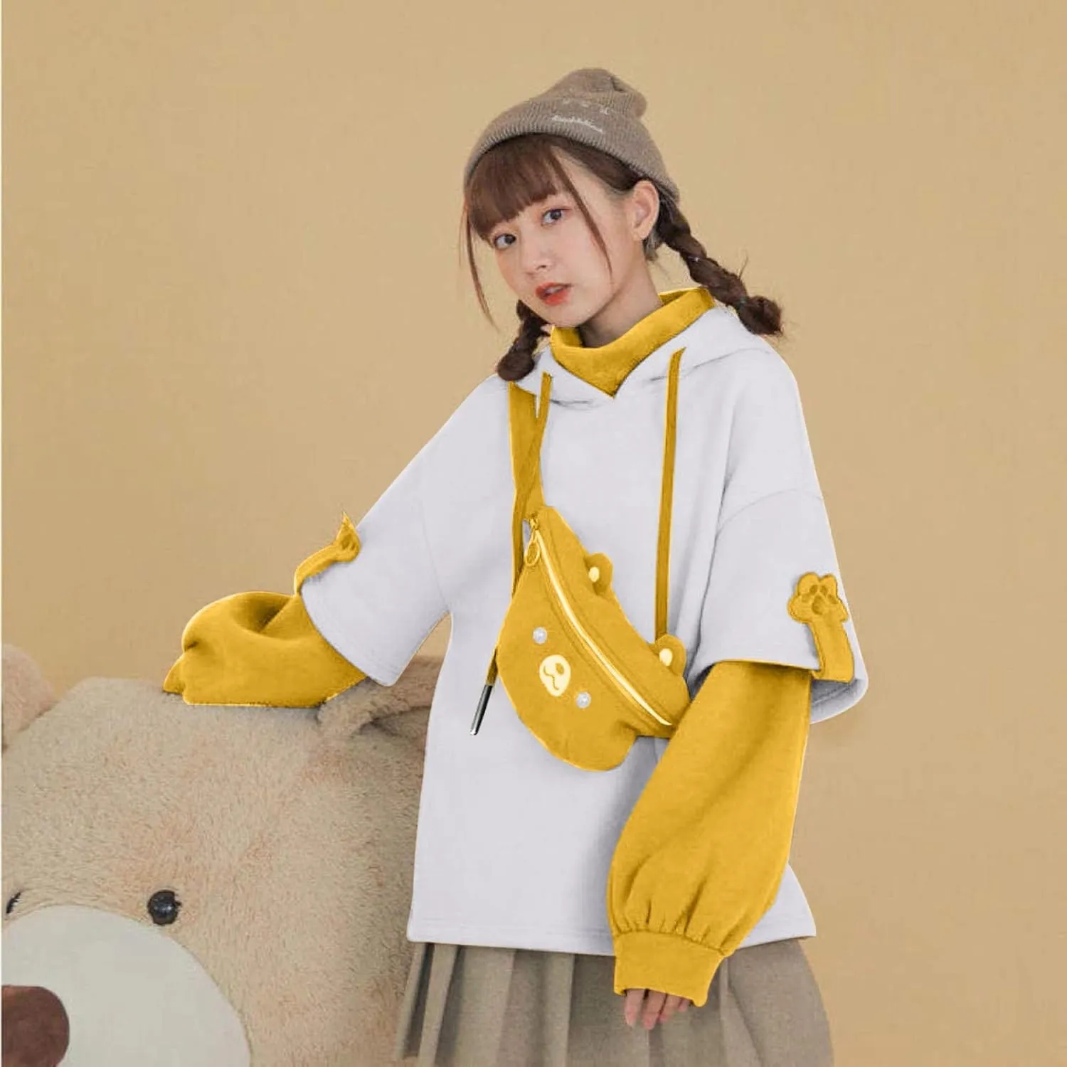 Cute Brown Bear Hoodie for Women Teen Girls Long Sleeve Kawaii Sweatshirts Patchwork Shirt with Cute Personality Bag