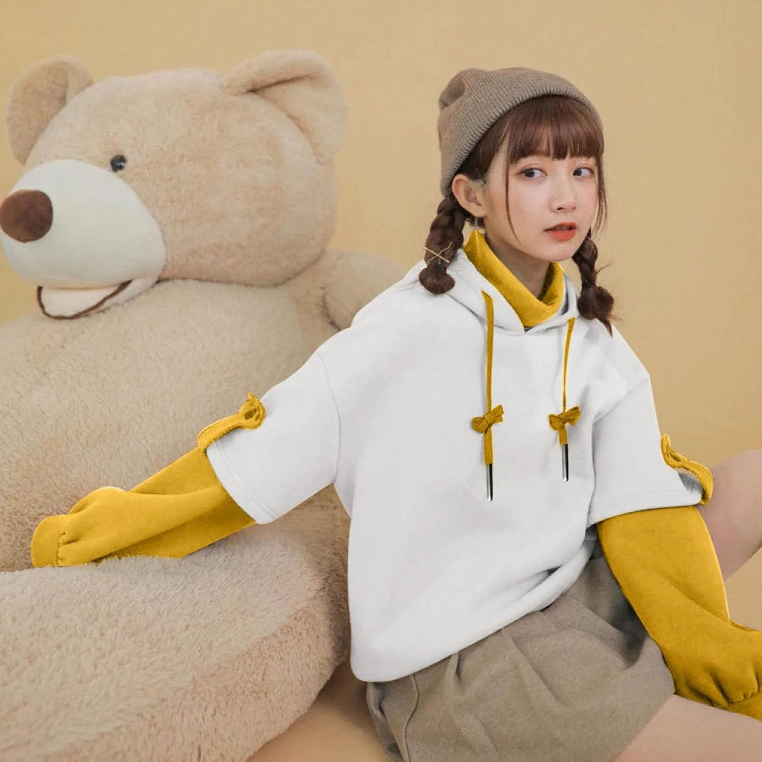 Cute Brown Bear Hoodie for Women Teen Girls Long Sleeve Kawaii Sweatshirts Patchwork Shirt with Cute Personality Bag