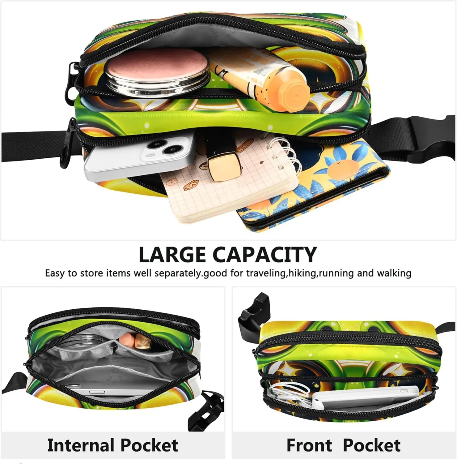 Cute Frog Cartoon Women Fanny Pack Waterproof Belt Bags Hip Pack Neon Crossbody Waist Pack