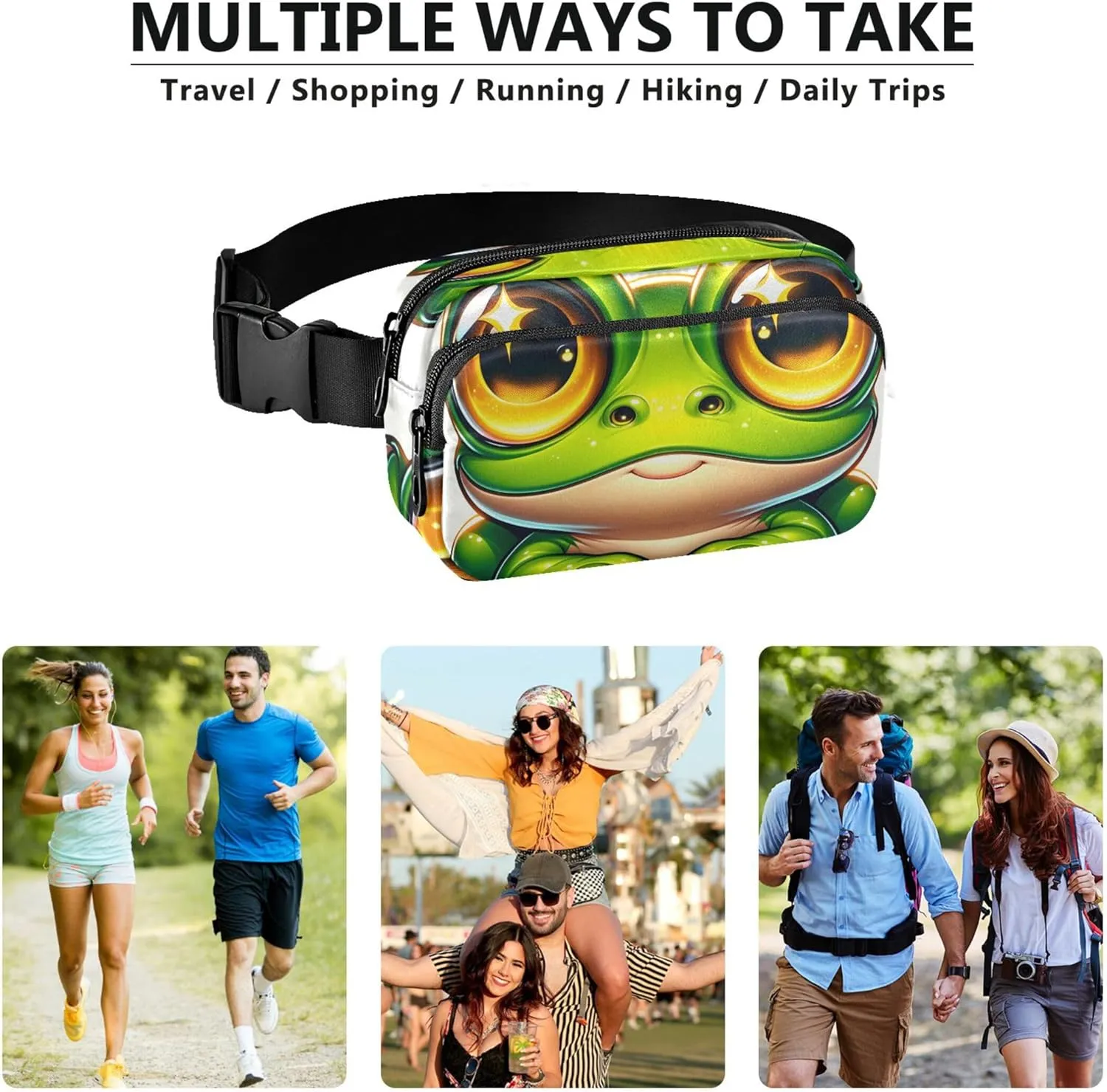 Cute Frog Cartoon Women Fanny Pack Waterproof Belt Bags Hip Pack Neon Crossbody Waist Pack