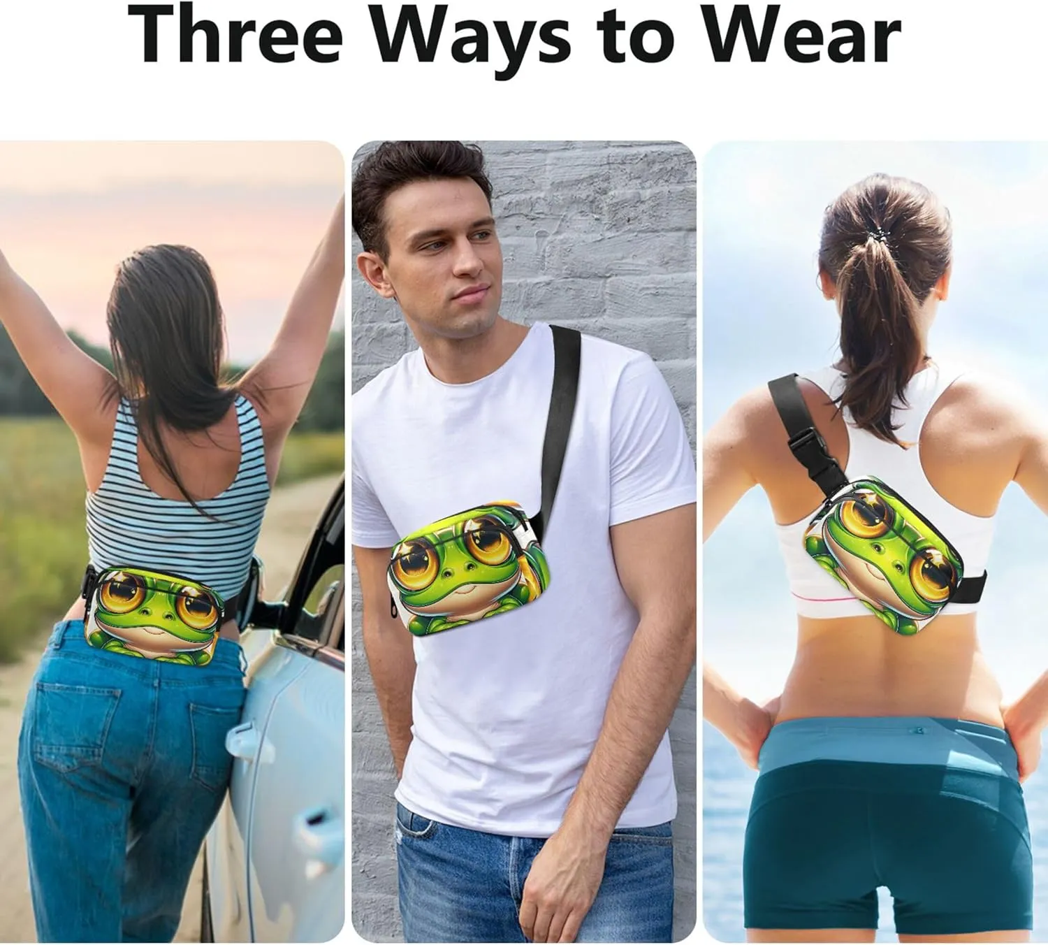 Cute Frog Cartoon Women Fanny Pack Waterproof Belt Bags Hip Pack Neon Crossbody Waist Pack