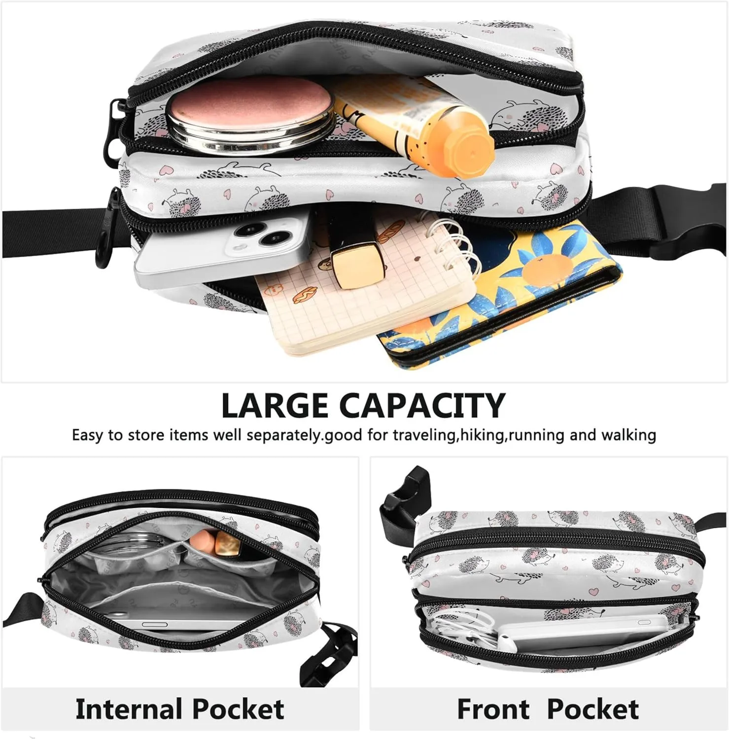 Cute Hedgehogs Animals Fanny Packs for Women Waterproof Belt Bags Hip Pack Cute Travel Waist Pouch