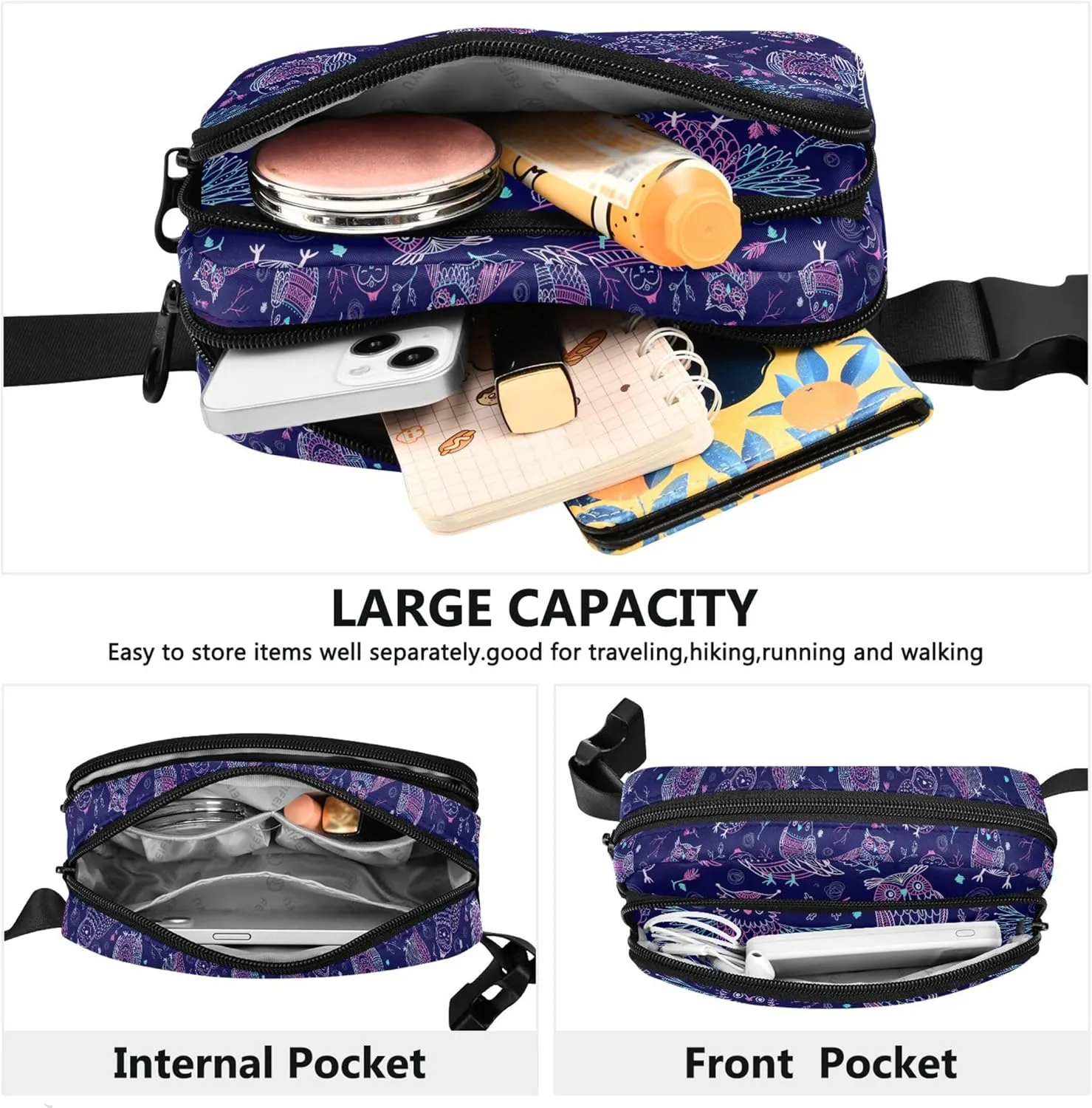Cute Owls Boho Violet Women Fanny Packs Cartoon Belt Bags Hip Pack Waterproof Waist Bag for Women