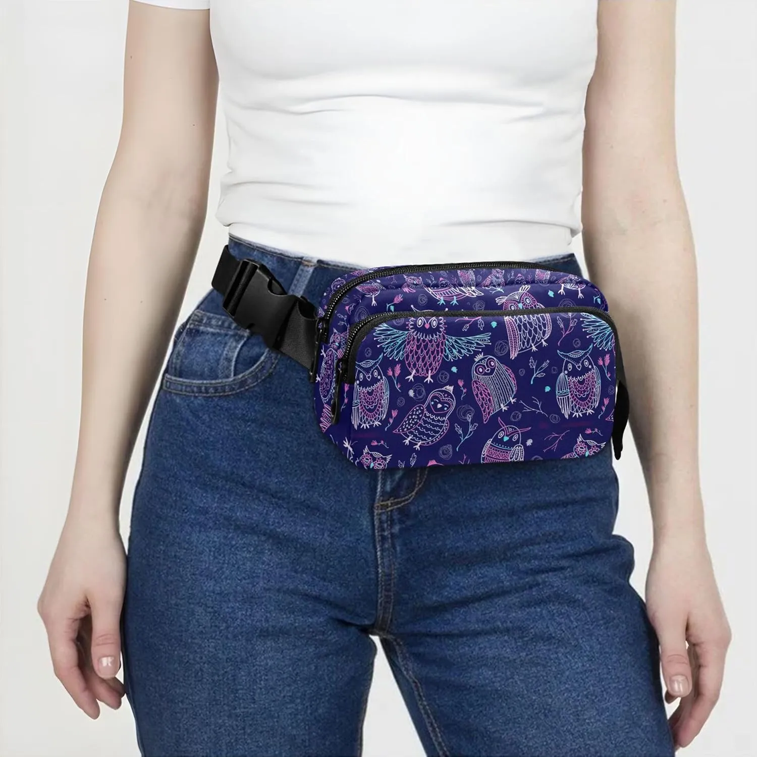 Cute Owls Boho Violet Women Fanny Packs Cartoon Belt Bags Hip Pack Waterproof Waist Bag for Women