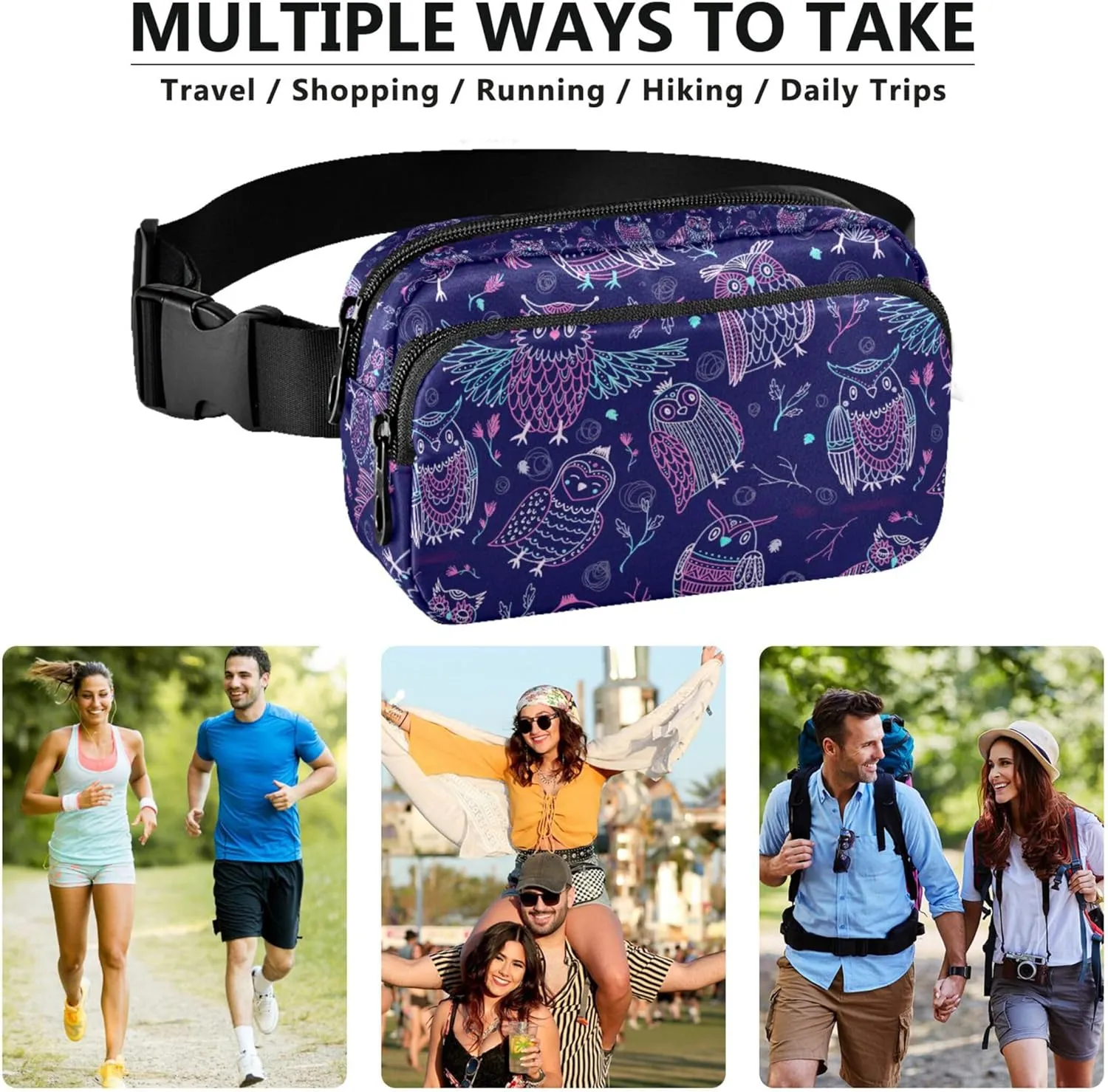 Cute Owls Boho Violet Women Fanny Packs Cartoon Belt Bags Hip Pack Waterproof Waist Bag for Women