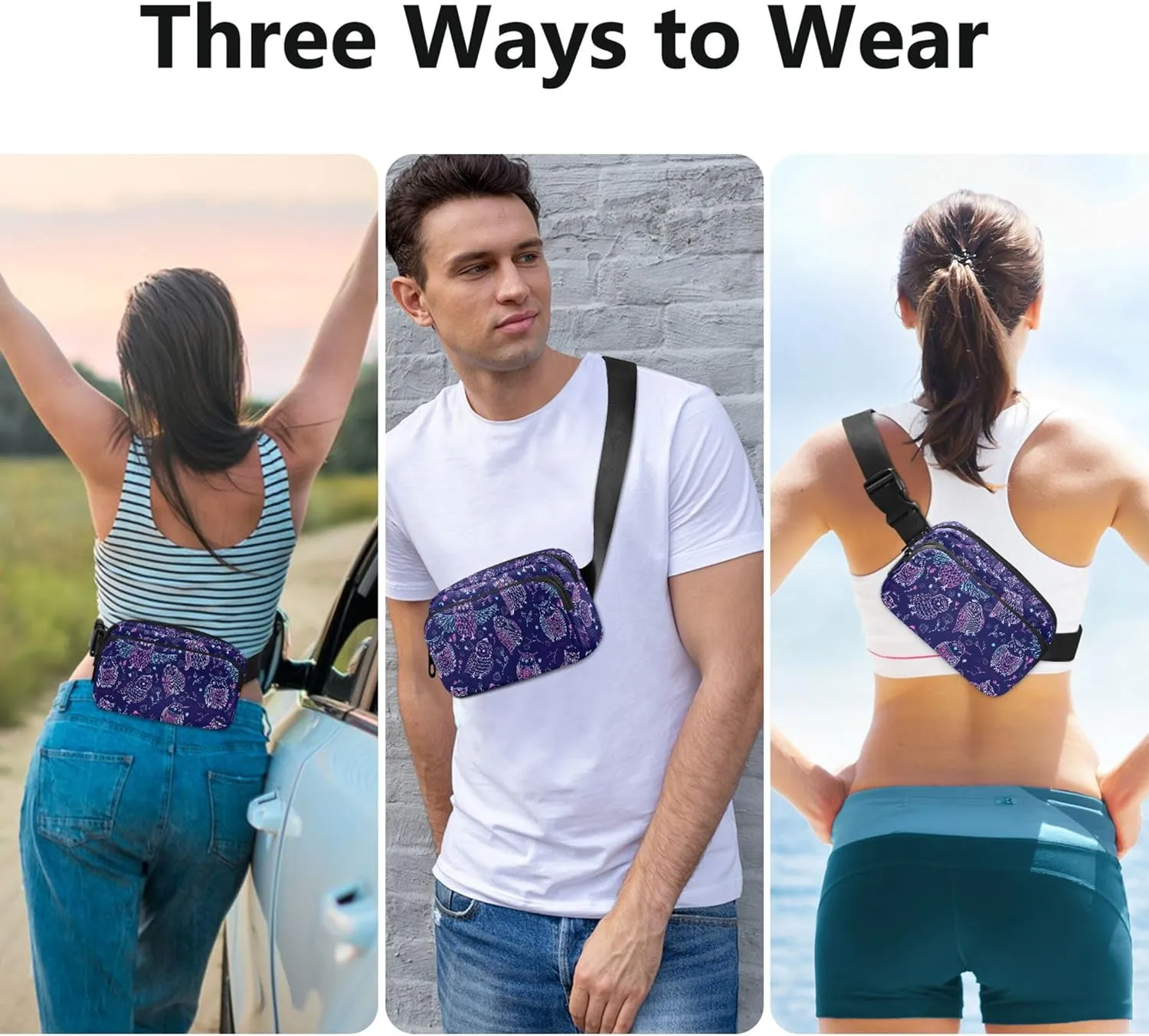 Cute Owls Boho Violet Women Fanny Packs Cartoon Belt Bags Hip Pack Waterproof Waist Bag for Women