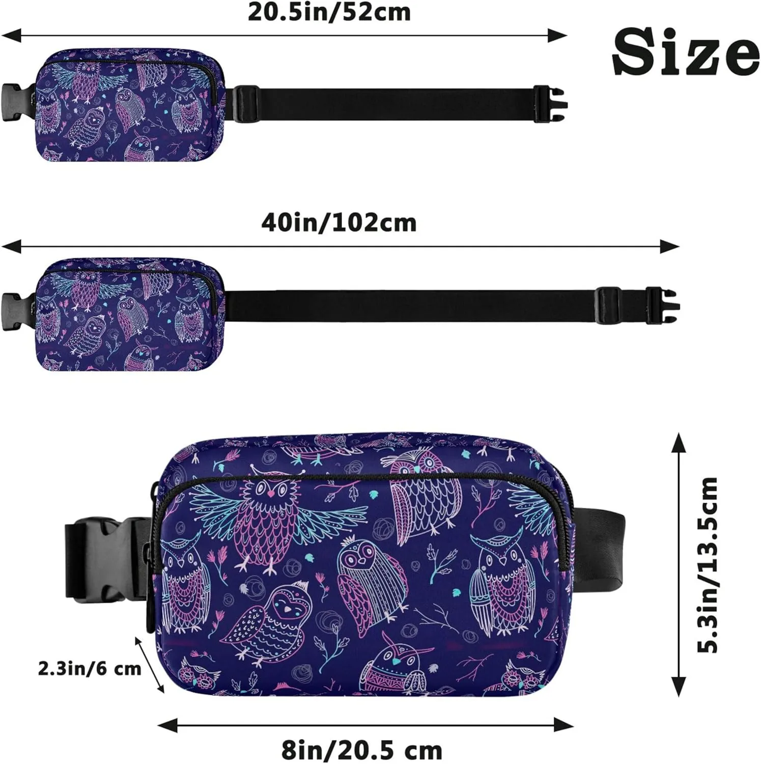 Cute Owls Boho Violet Women Fanny Packs Cartoon Belt Bags Hip Pack Waterproof Waist Bag for Women