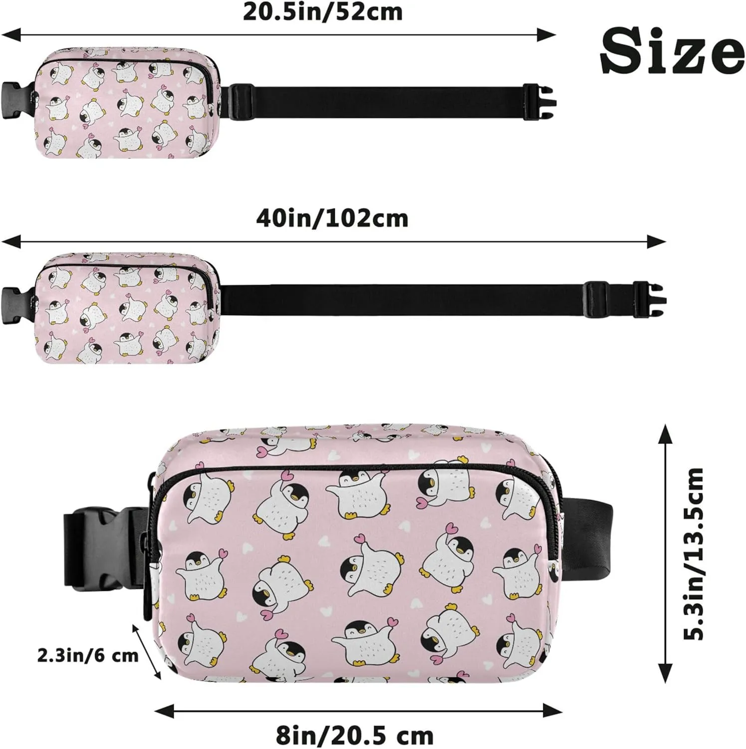 Cute Penguin Heart Pink Women Fanny Pack Bright Colored Hip Bag Belt Pouch Waterproof Travel Waist Pouch