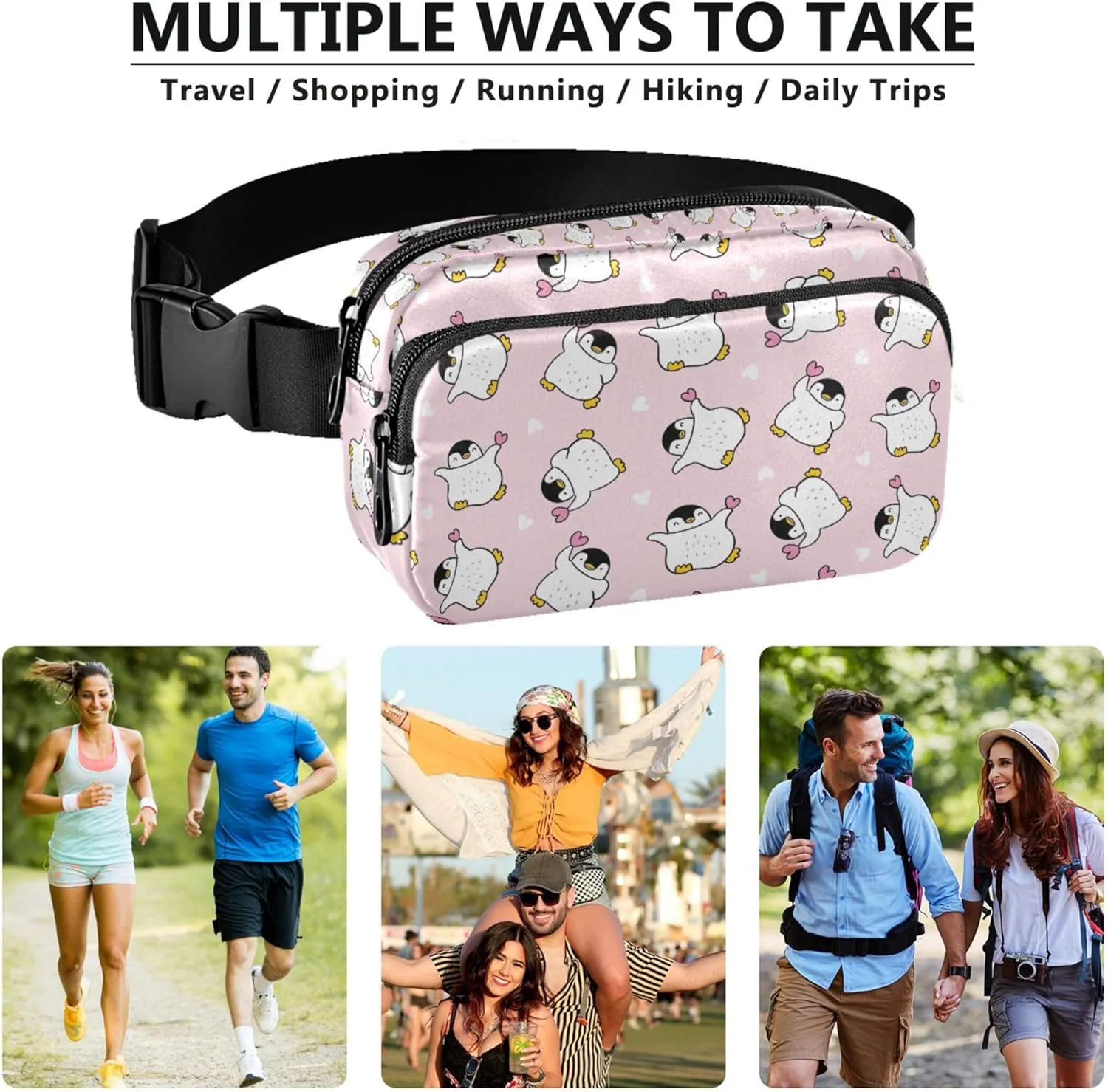 Cute Penguin Heart Pink Women Fanny Pack Bright Colored Hip Bag Belt Pouch Waterproof Travel Waist Pouch