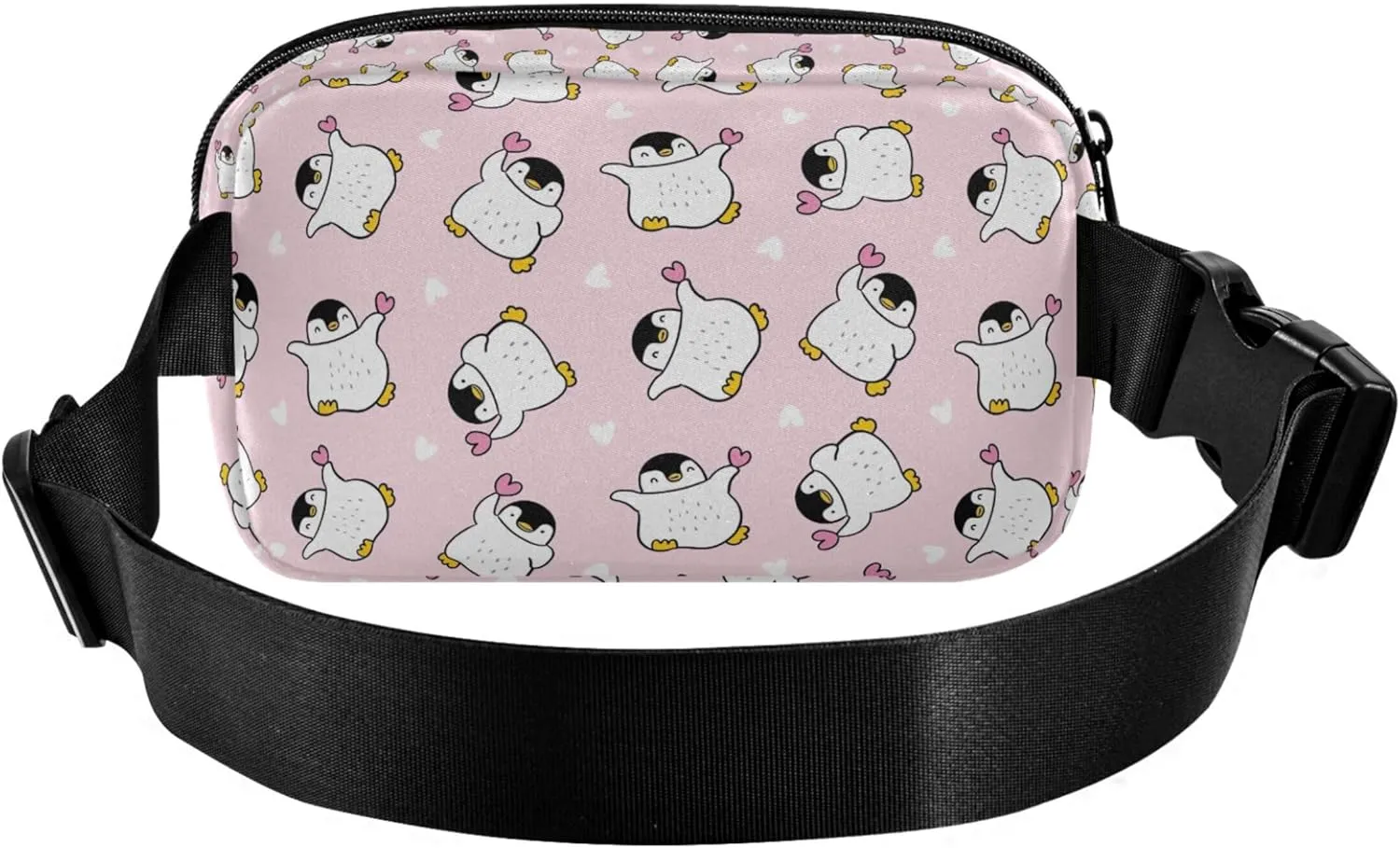 Cute Penguin Heart Pink Women Fanny Pack Bright Colored Hip Bag Belt Pouch Waterproof Travel Waist Pouch