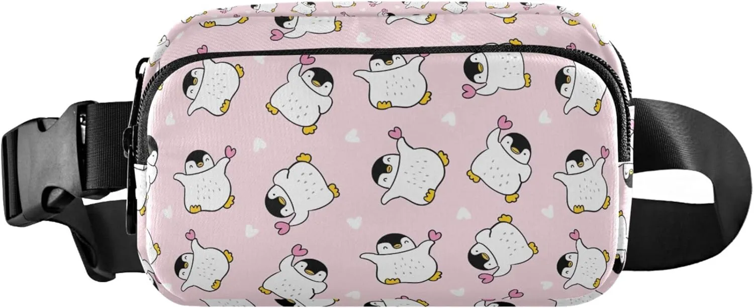 Cute Penguin Heart Pink Women Fanny Pack Bright Colored Hip Bag Belt Pouch Waterproof Travel Waist Pouch