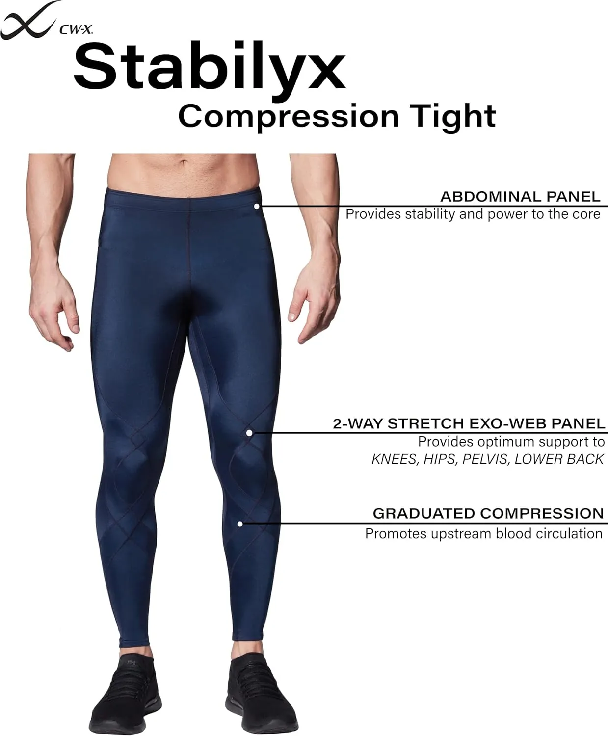 CW-X Men's Stabilyx Joint Support Compression Sports Tights, Pants for Running and Recovery