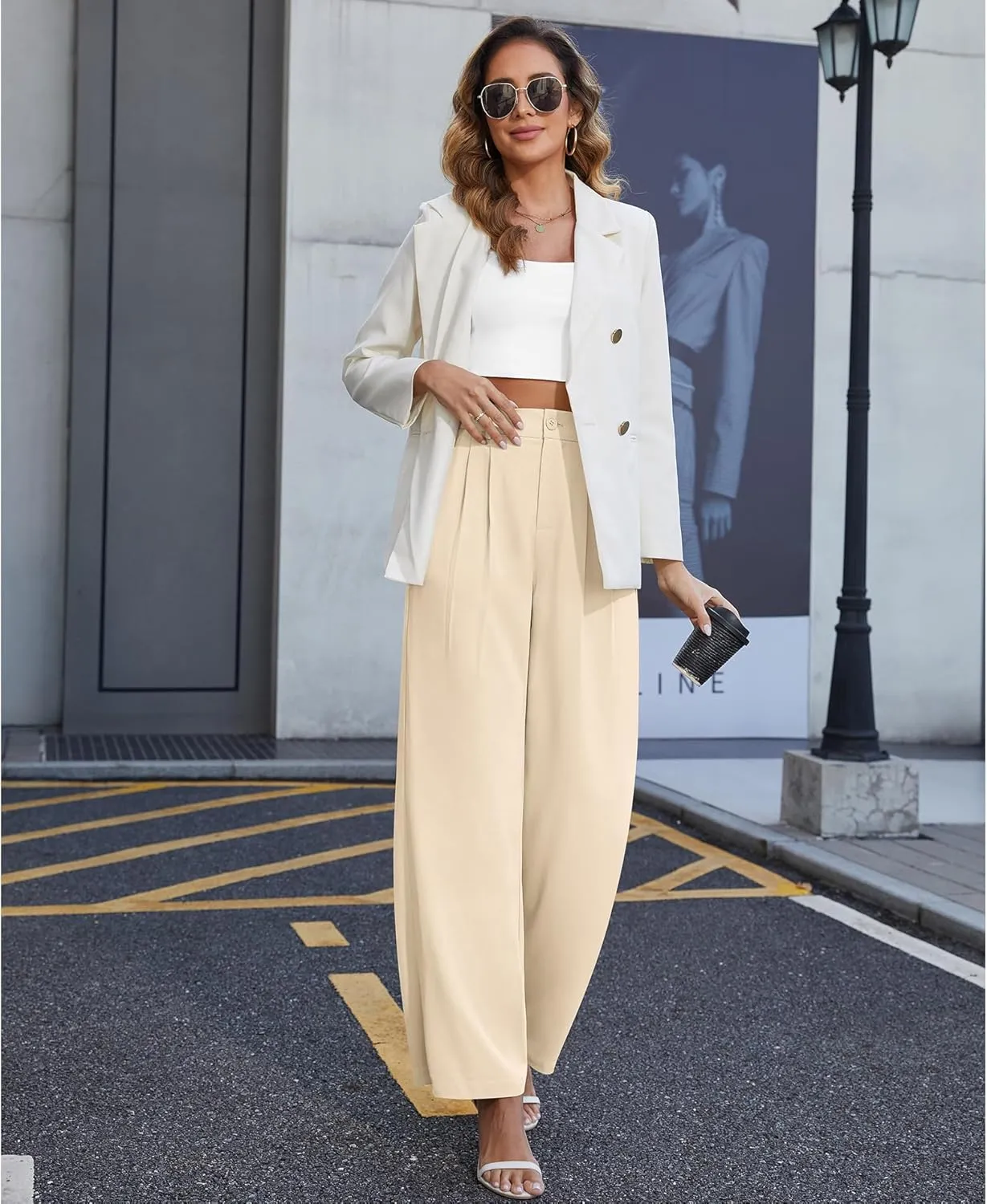 CZYINXIAN Women's Casual Business Work Wide Leg Pants Flowy High Waisted Suit Pants with Pockets