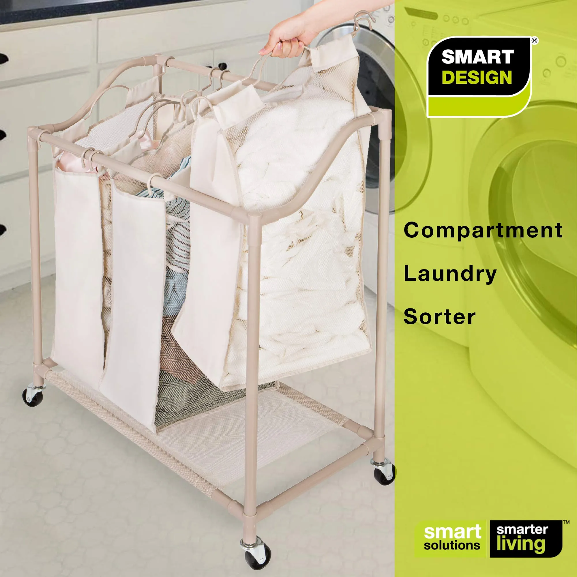 Deluxe Rolling Triple-Compartment Laundry Sorter Hamper with Wheels - 30 x 32 Inch - Beige