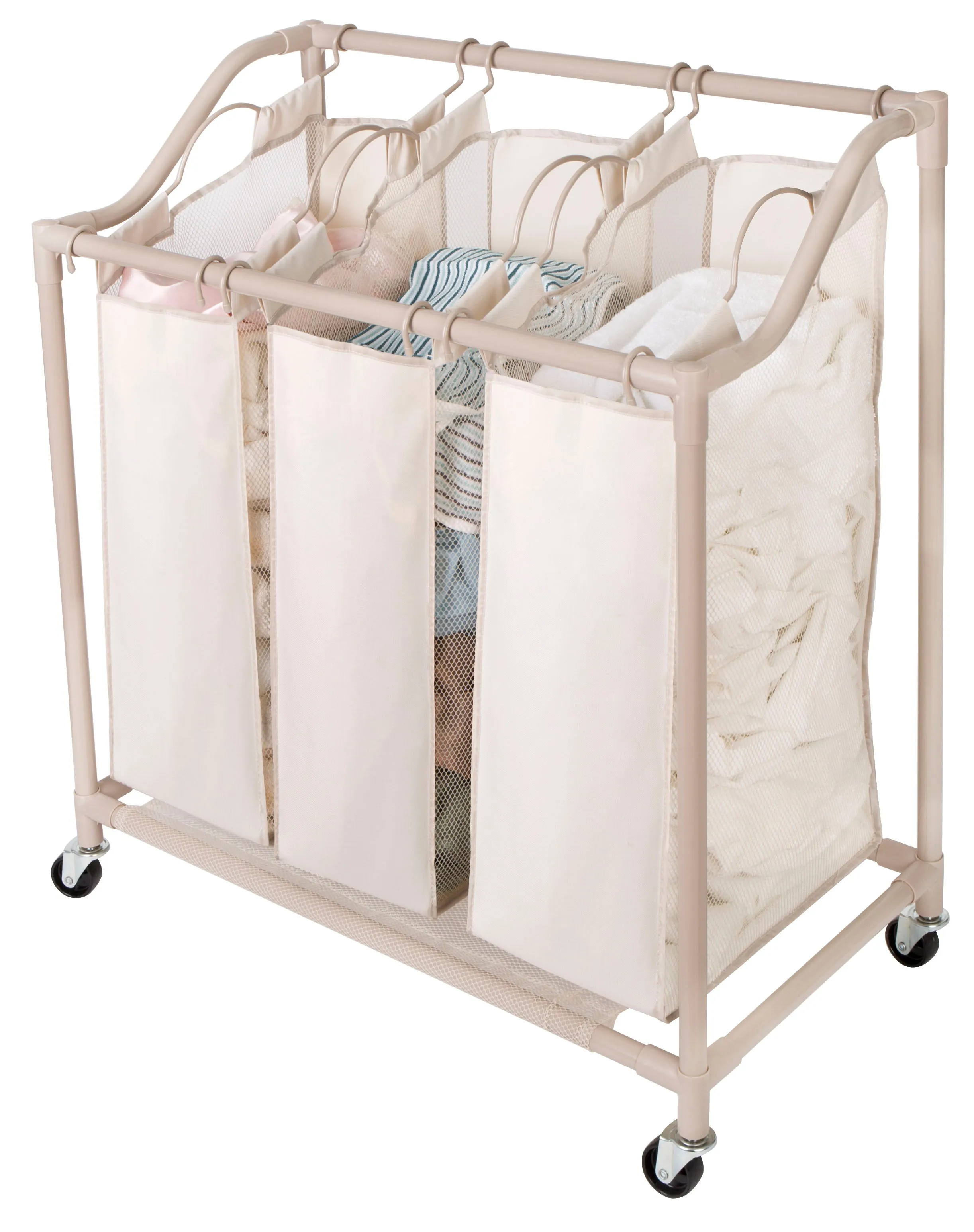 Deluxe Rolling Triple-Compartment Laundry Sorter Hamper with Wheels - 30 x 32 Inch - Beige
