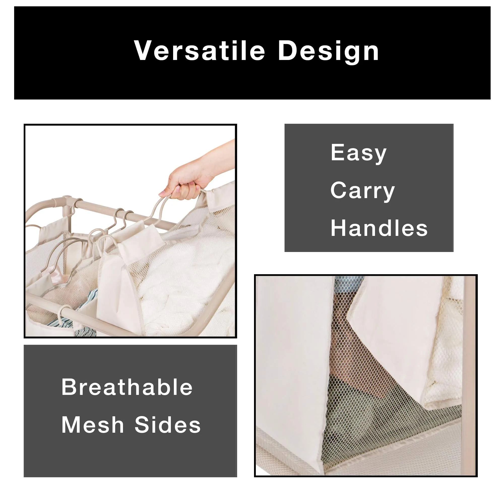 Deluxe Rolling Triple-Compartment Laundry Sorter Hamper with Wheels - 30 x 32 Inch - Beige