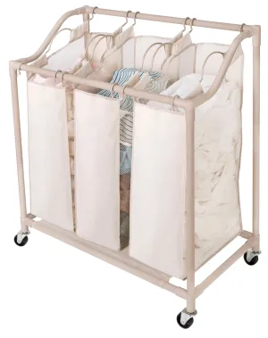 Deluxe Rolling Triple-Compartment Laundry Sorter Hamper with Wheels - 30 x 32 Inch - Beige