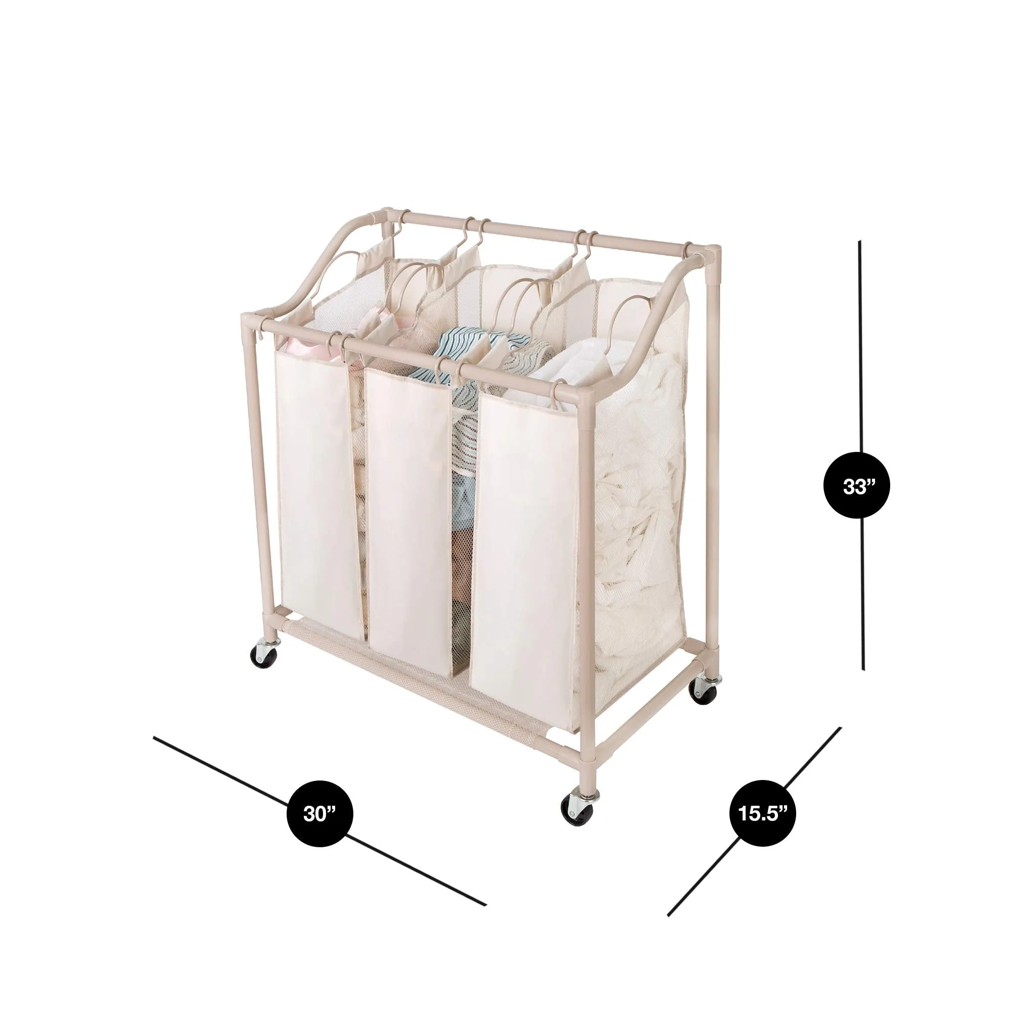 Deluxe Rolling Triple-Compartment Laundry Sorter Hamper with Wheels - 30 x 32 Inch - Beige