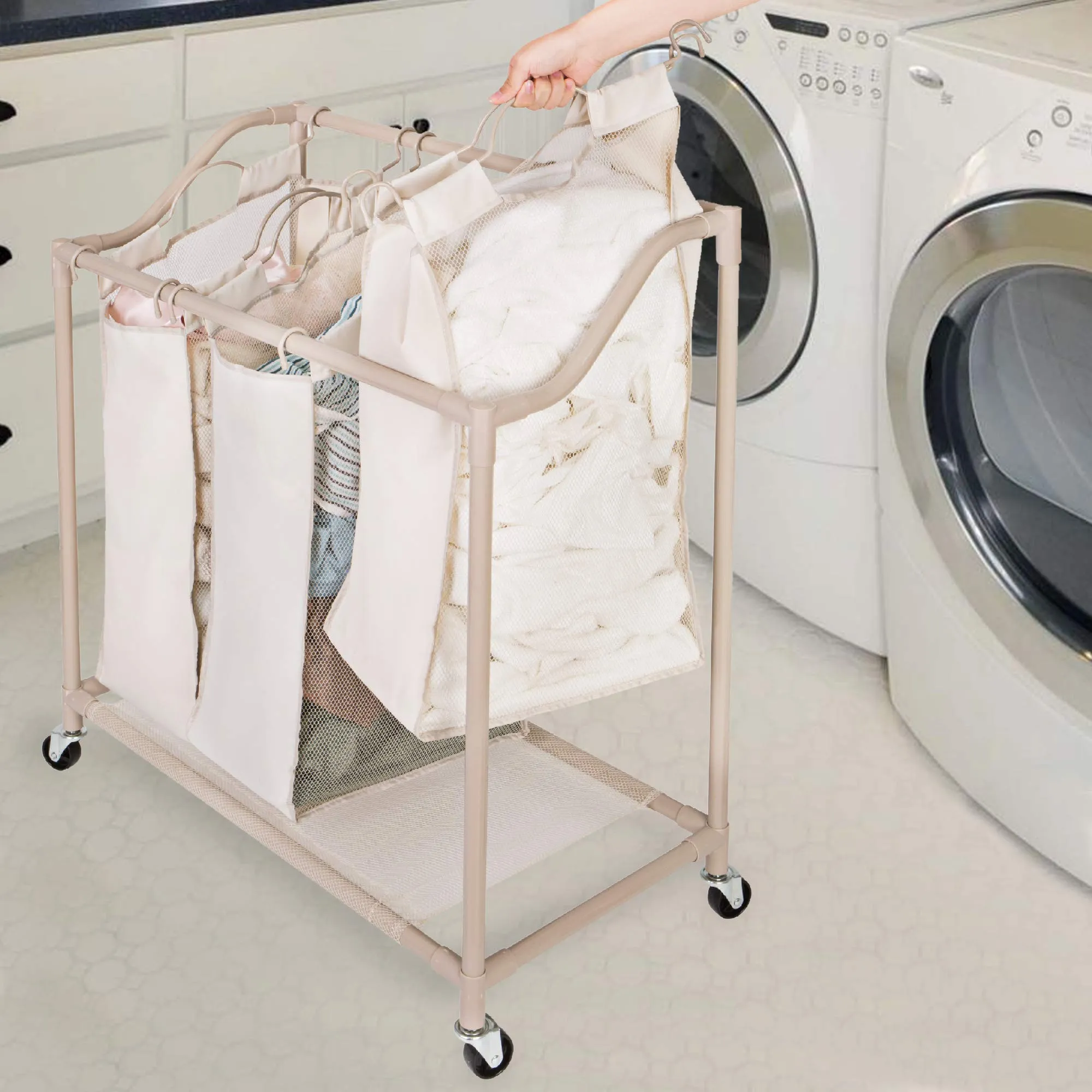 Deluxe Rolling Triple-Compartment Laundry Sorter Hamper with Wheels - 30 x 32 Inch - Beige
