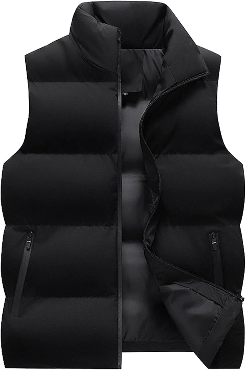 DGKaxiyaHM Men's Casual Quilted Puffer Vest Gilets Stand Collar Padded Sleeveless Coat Solid Color Warm Down Cotton Jacket (4X-Large,Black)