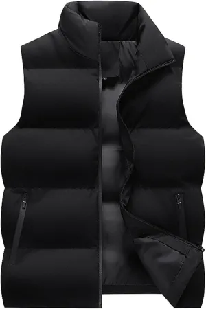DGKaxiyaHM Men's Casual Quilted Puffer Vest Gilets Stand Collar Padded Sleeveless Coat Solid Color Warm Down Cotton Jacket (4X-Large,Black)