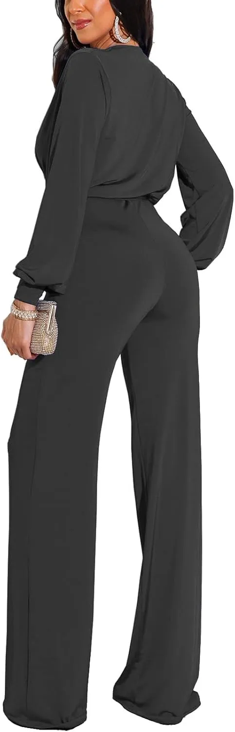 DinyIn Women's Sparkly Jumpsuits Clubwear One Piece Deep V Neck Long Sleeve Pants Rompers with Belt