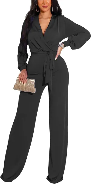 DinyIn Women's Sparkly Jumpsuits Clubwear One Piece Deep V Neck Long Sleeve Pants Rompers with Belt