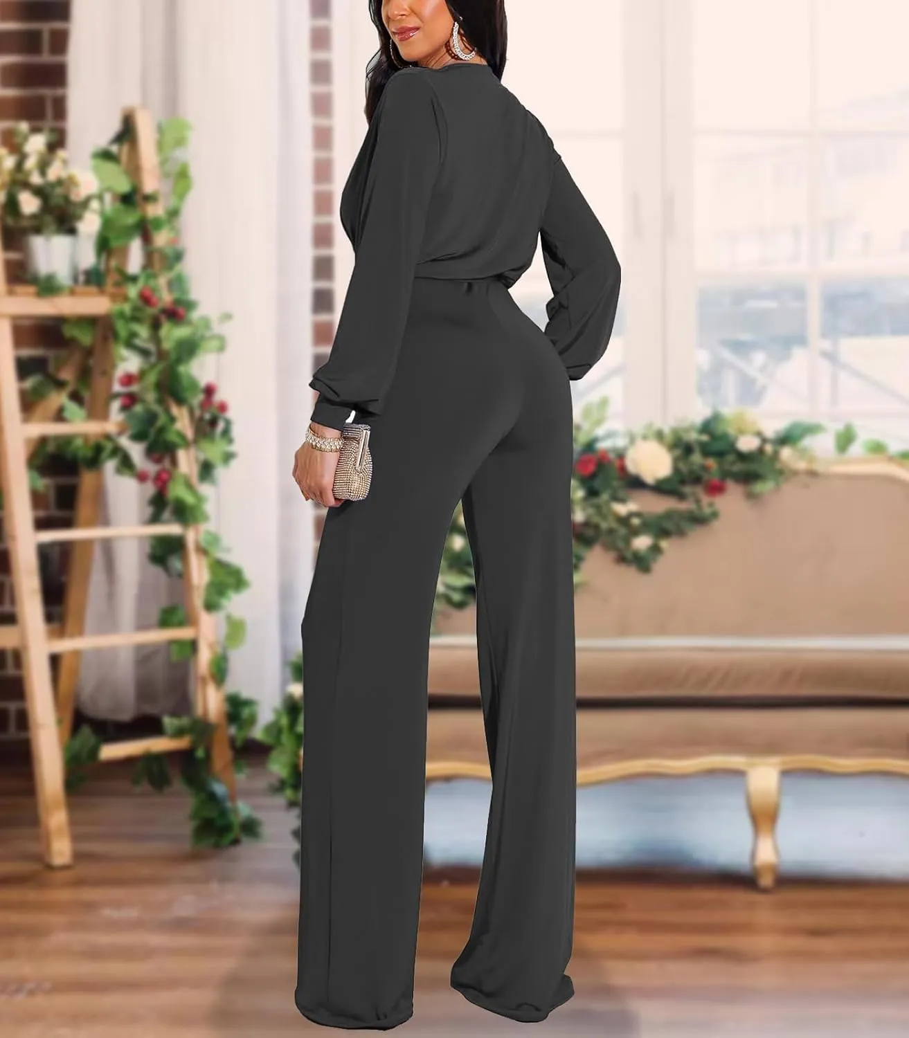 DinyIn Women's Sparkly Jumpsuits Clubwear One Piece Deep V Neck Long Sleeve Pants Rompers with Belt