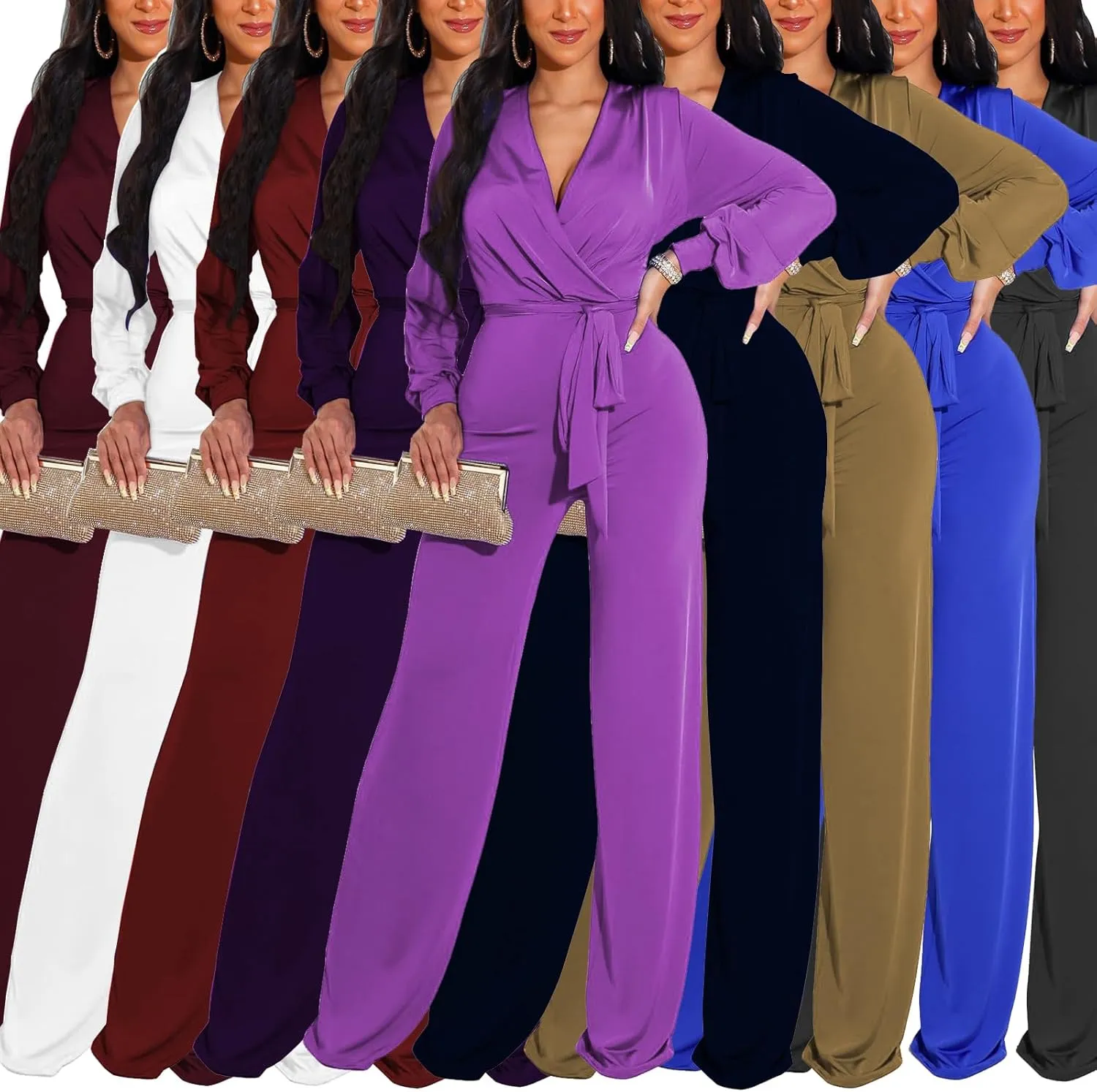 DinyIn Women's Sparkly Jumpsuits Clubwear One Piece Deep V Neck Long Sleeve Pants Rompers with Belt