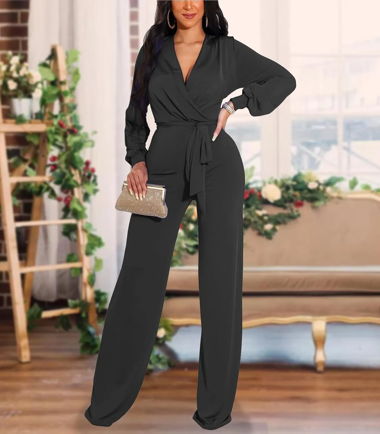DinyIn Women's Sparkly Jumpsuits Clubwear One Piece Deep V Neck Long Sleeve Pants Rompers with Belt
