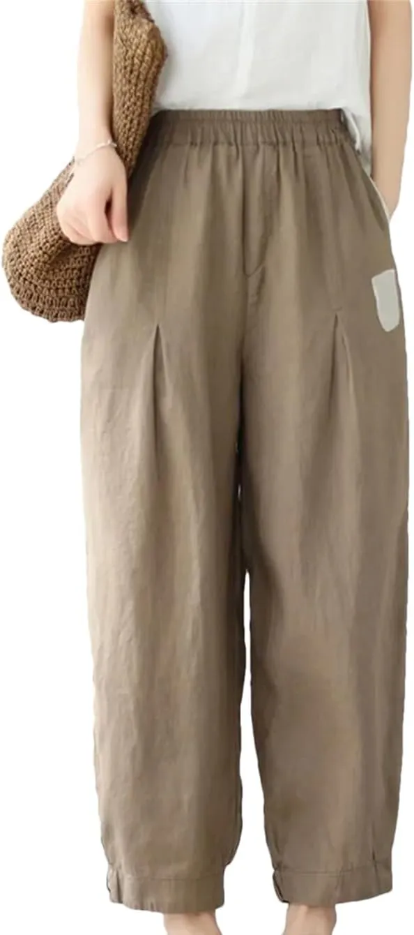 Disimlarl Women High Waist Harem Pants Style Solid Loose Cotton Pants Ankle-Length Elastic Waist Pants