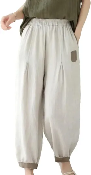 Disimlarl Women High Waist Harem Pants Style Solid Loose Cotton Pants Ankle-Length Elastic Waist Pants