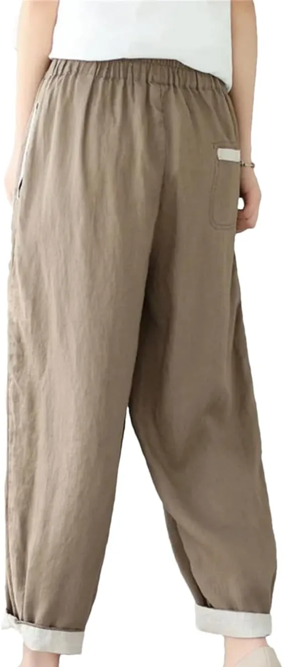 Disimlarl Women High Waist Harem Pants Style Solid Loose Cotton Pants Ankle-Length Elastic Waist Pants