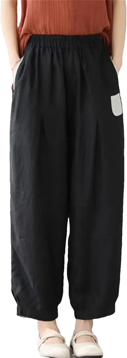Disimlarl Women High Waist Harem Pants Style Solid Loose Cotton Pants Ankle-Length Elastic Waist Pants