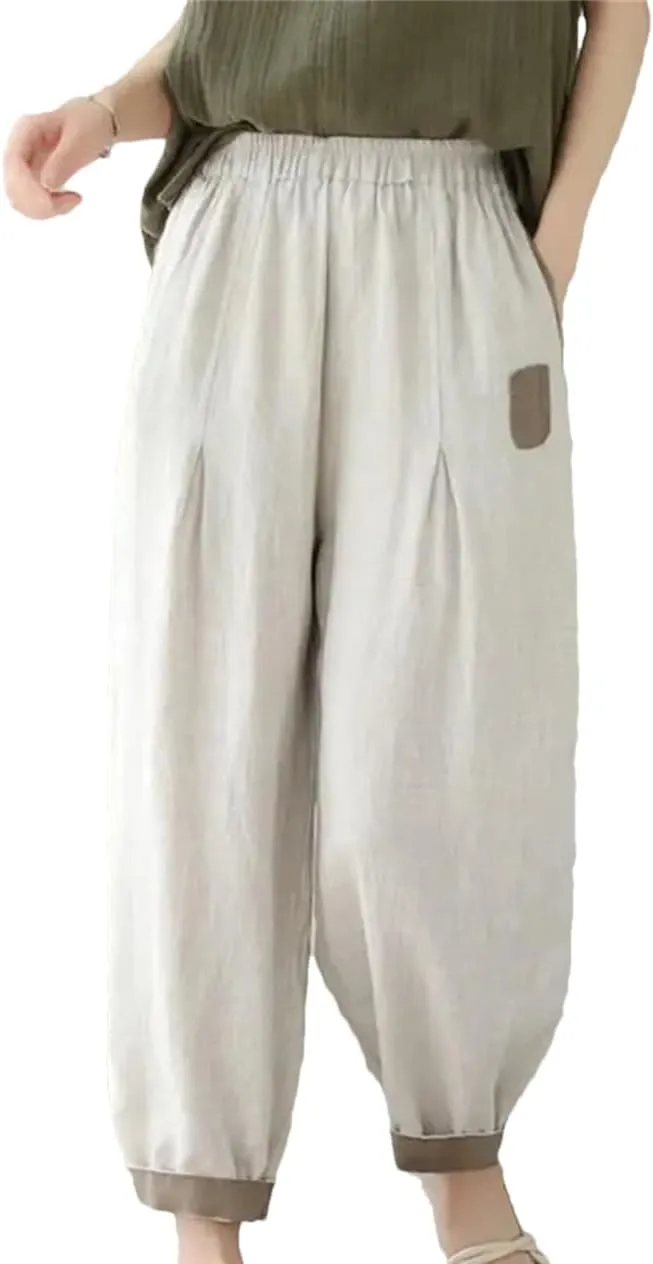 Disimlarl Women High Waist Harem Pants Style Solid Loose Cotton Pants Ankle-Length Elastic Waist Pants