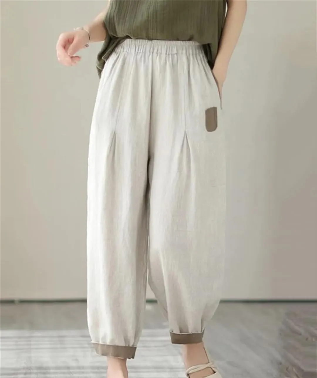 Disimlarl Women High Waist Harem Pants Style Solid Loose Cotton Pants Ankle-Length Elastic Waist Pants