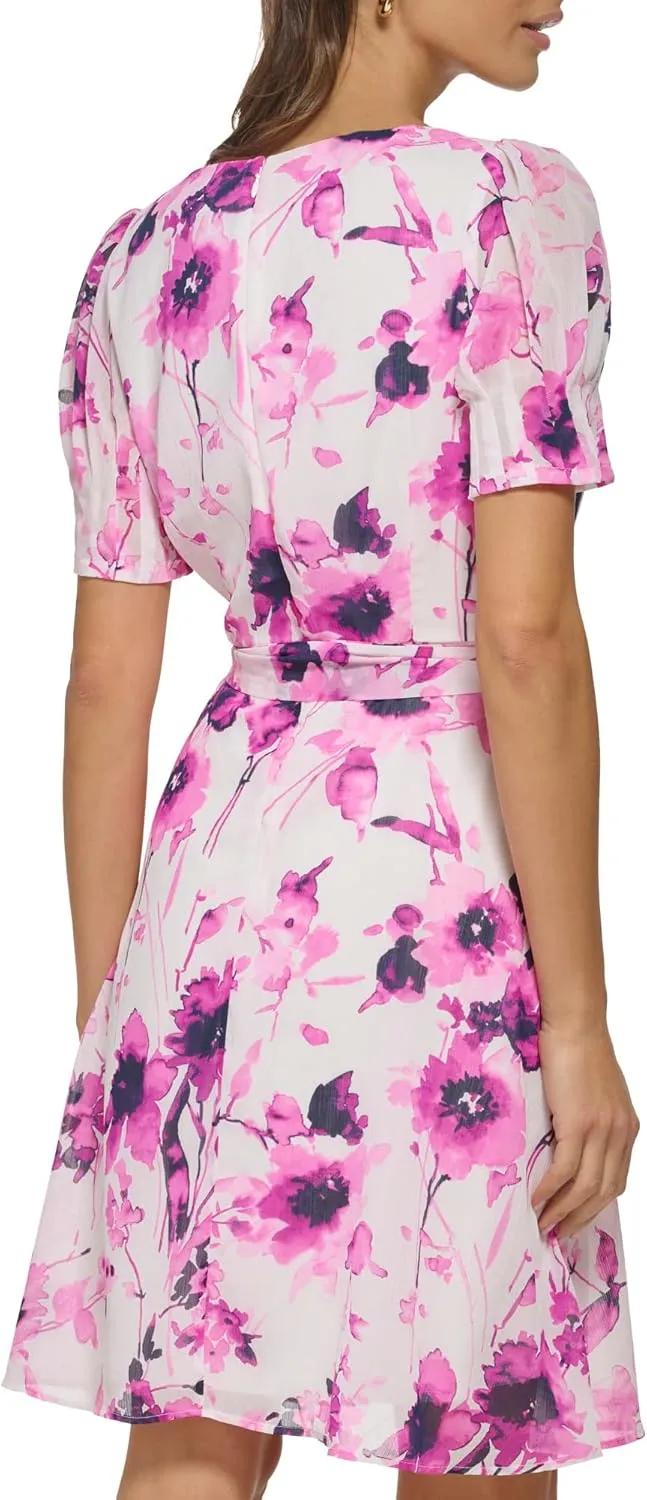 DKNY Women's Puff Sleeve Tie Waist A-line Mini Dress