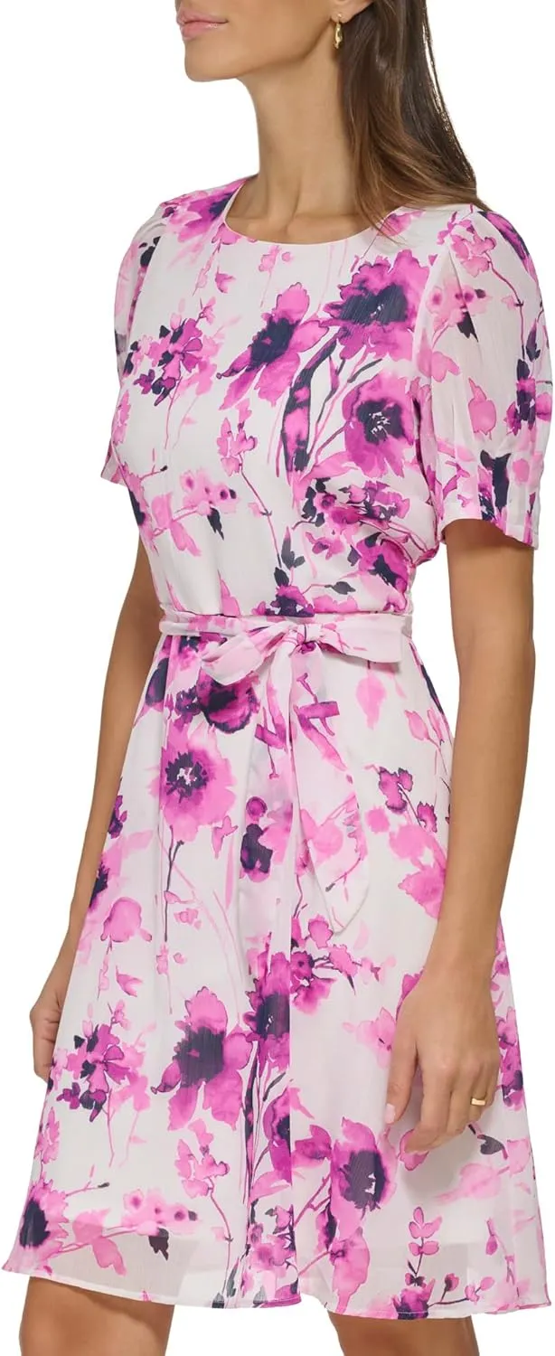 DKNY Women's Puff Sleeve Tie Waist A-line Mini Dress