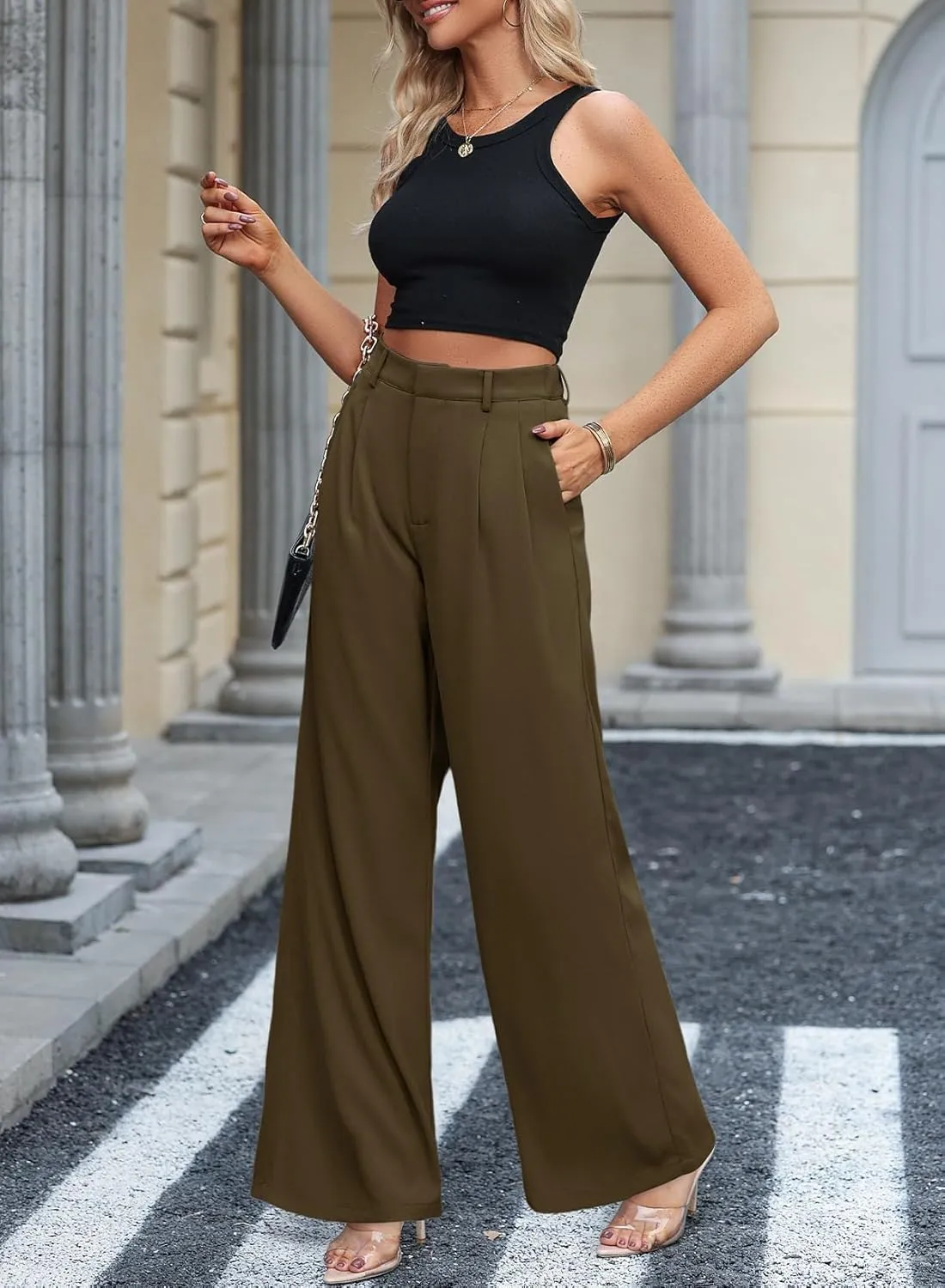 Dokotoo Women's Wide Leg Pants Business Casual Loose High Waisted Dress Palazzo Flowy Trousers