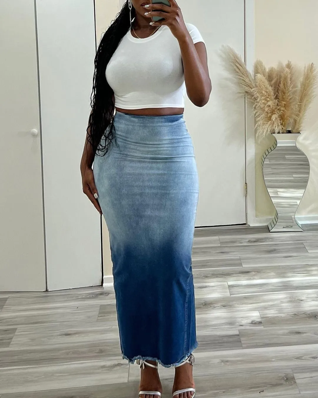 Ecirod Womens Casual High Waisted Gradient Print Zipper Back Denim Jean Maxi Skirt Y2k Streetwear