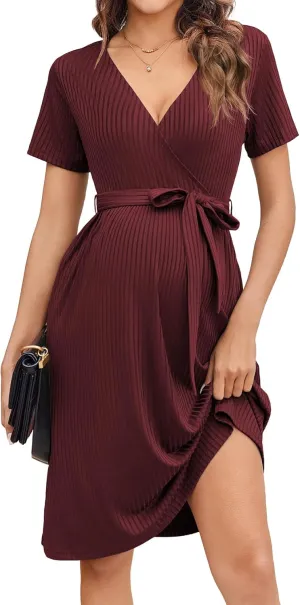 Ekouaer Women Short Sleeve Maternity Nursing Dress Casual V Neck Breastfeeding Loungewear Ribbed Knit Pregnancy Dresses S-XXL