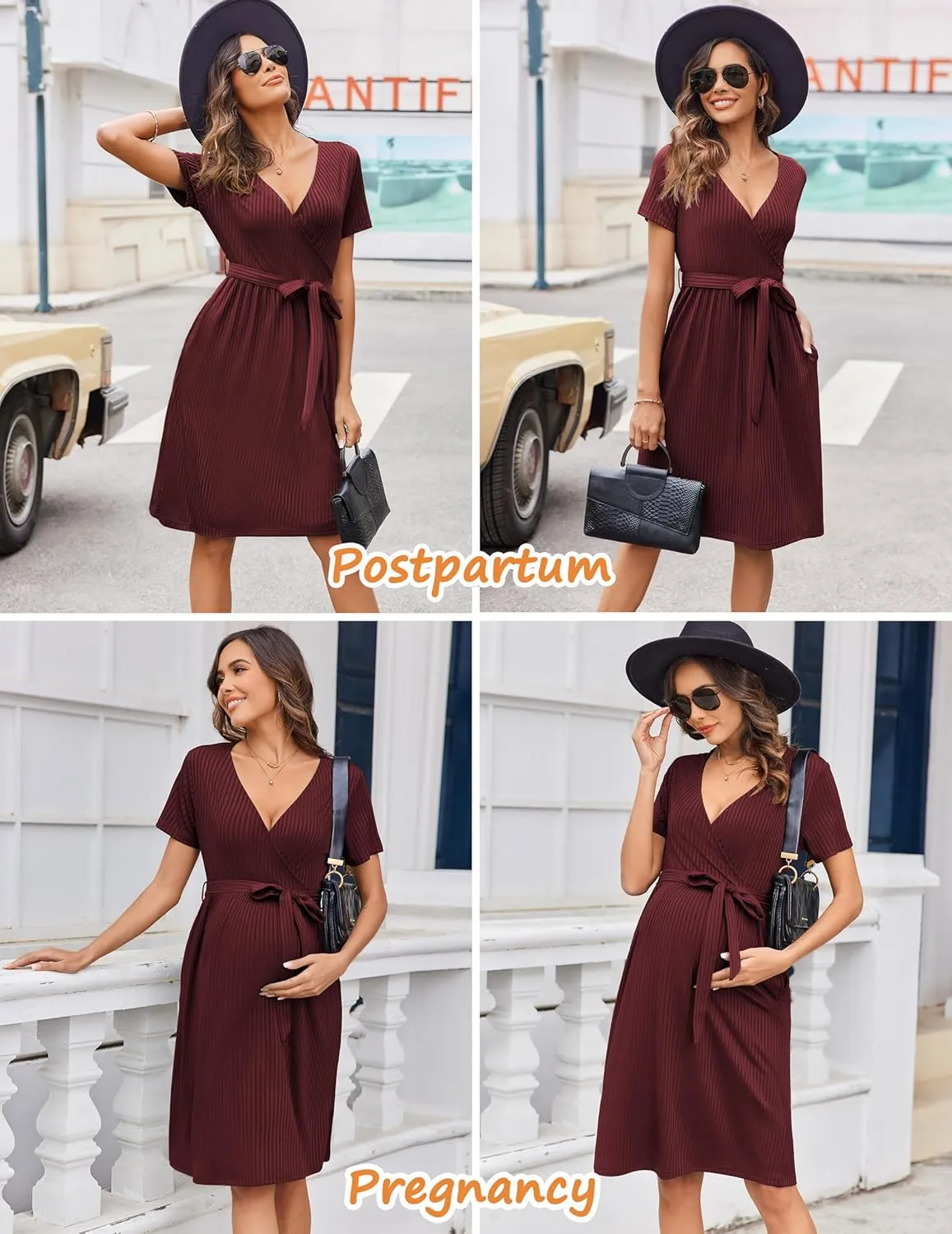 Ekouaer Women Short Sleeve Maternity Nursing Dress Casual V Neck Breastfeeding Loungewear Ribbed Knit Pregnancy Dresses S-XXL