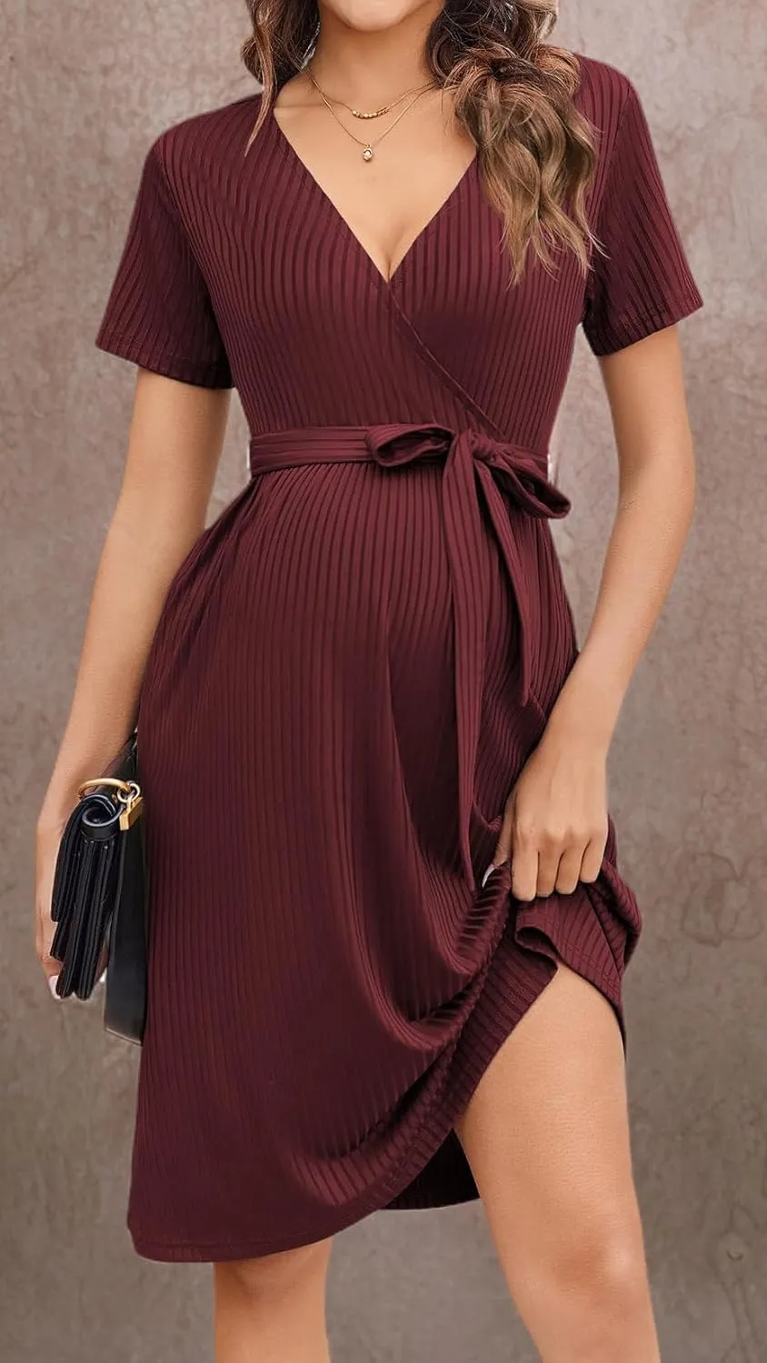 Ekouaer Women Short Sleeve Maternity Nursing Dress Casual V Neck Breastfeeding Loungewear Ribbed Knit Pregnancy Dresses S-XXL