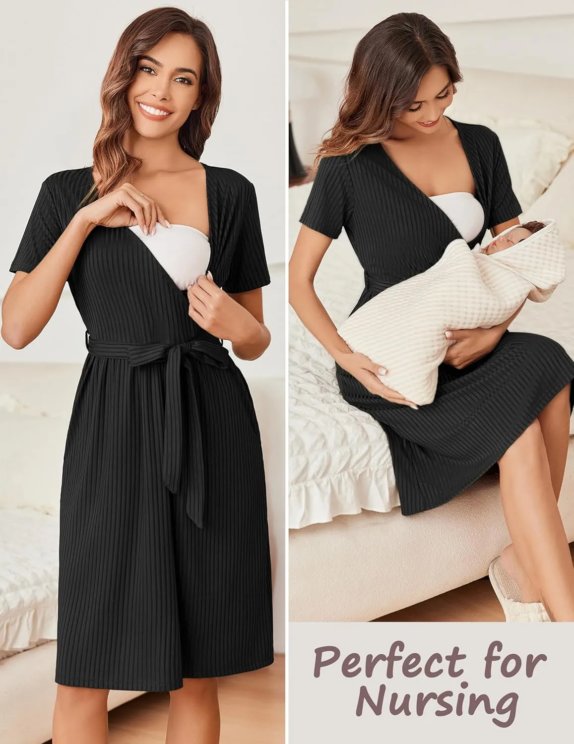 Ekouaer Women Short Sleeve Maternity Nursing Dress Casual V Neck Breastfeeding Loungewear Ribbed Knit Pregnancy Dresses S-XXL