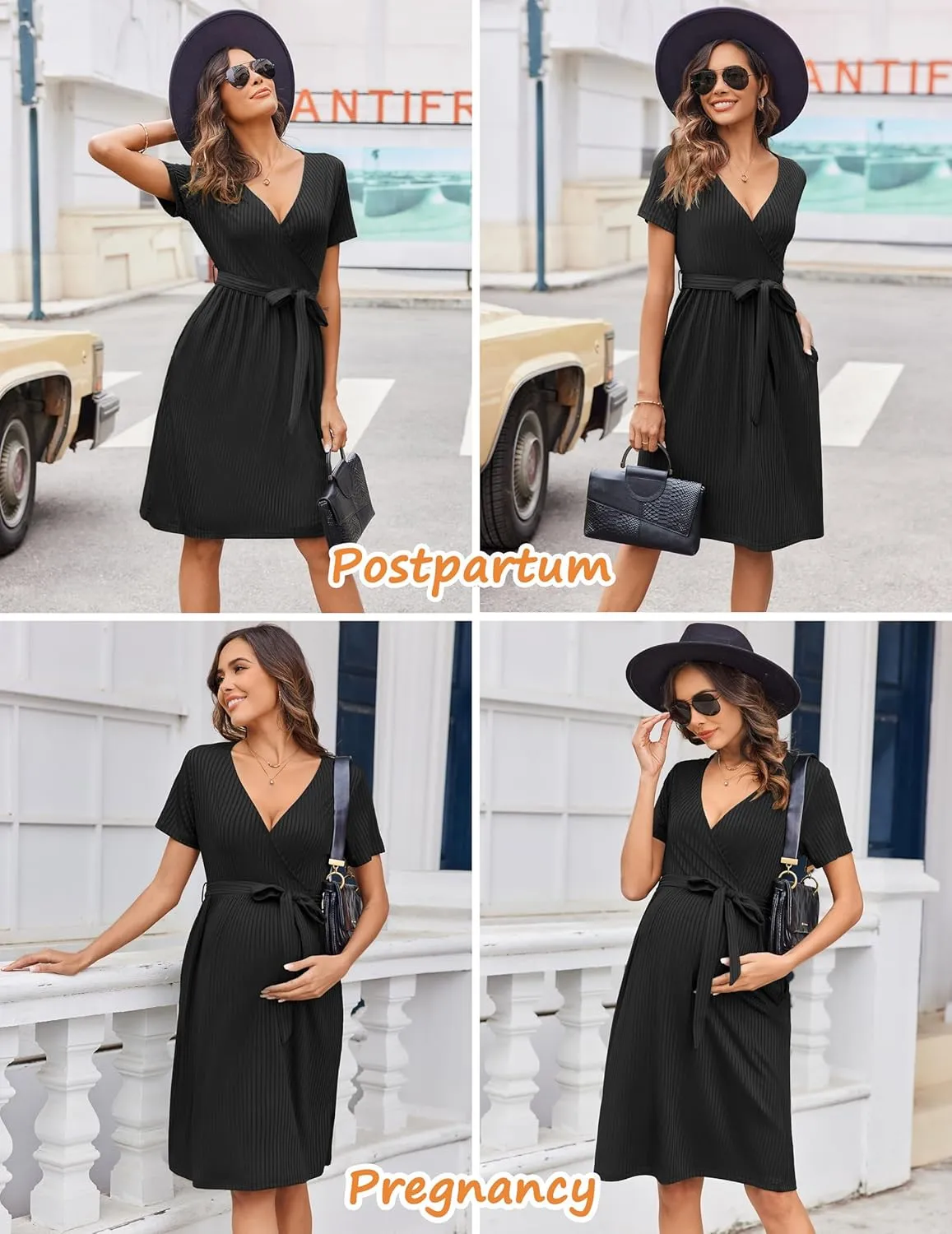 Ekouaer Women Short Sleeve Maternity Nursing Dress Casual V Neck Breastfeeding Loungewear Ribbed Knit Pregnancy Dresses S-XXL