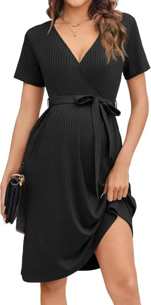 Ekouaer Women Short Sleeve Maternity Nursing Dress Casual V Neck Breastfeeding Loungewear Ribbed Knit Pregnancy Dresses S-XXL