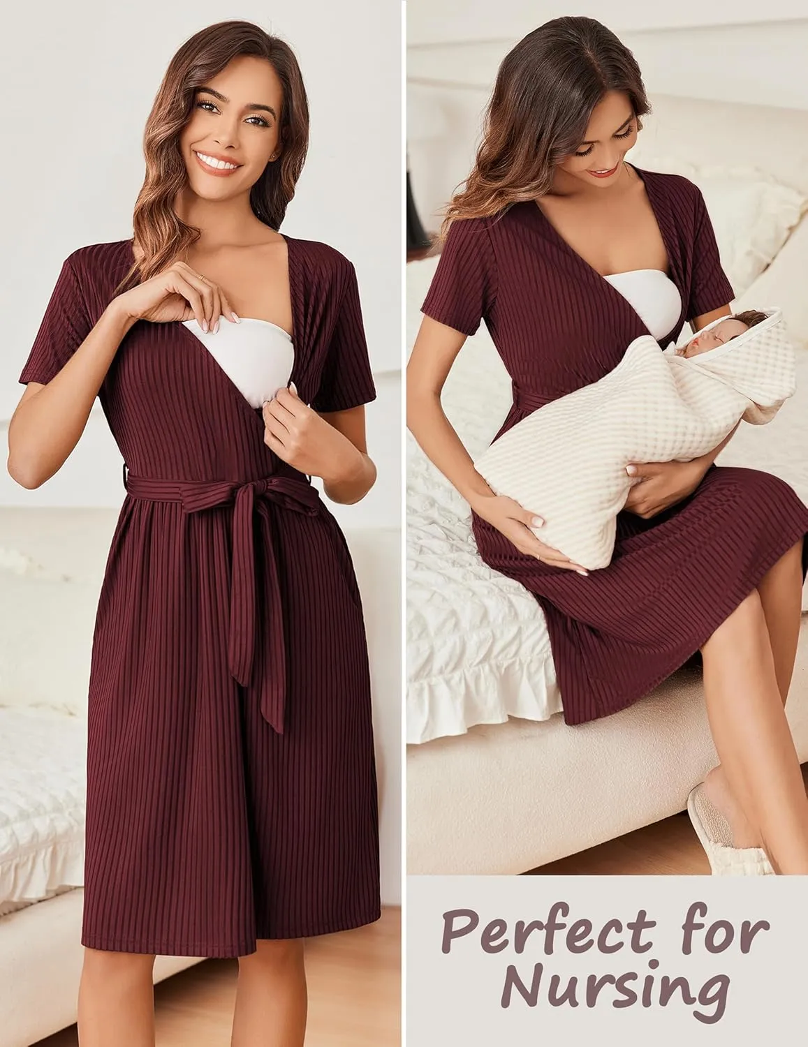Ekouaer Women Short Sleeve Maternity Nursing Dress Casual V Neck Breastfeeding Loungewear Ribbed Knit Pregnancy Dresses S-XXL