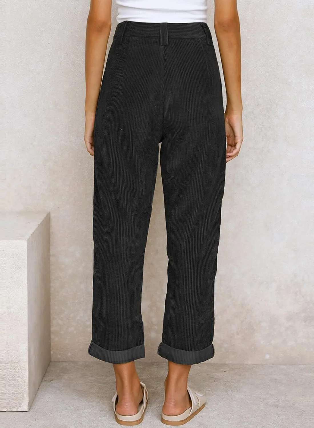 EVALESS Corduroy Pants for Women Casual High Waisted Straight Leg Pants Loose Comfy Trousers with Pockets