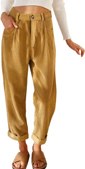 EVALESS Corduroy Pants for Women Casual High Waisted Straight Leg Pants Loose Comfy Trousers with Pockets