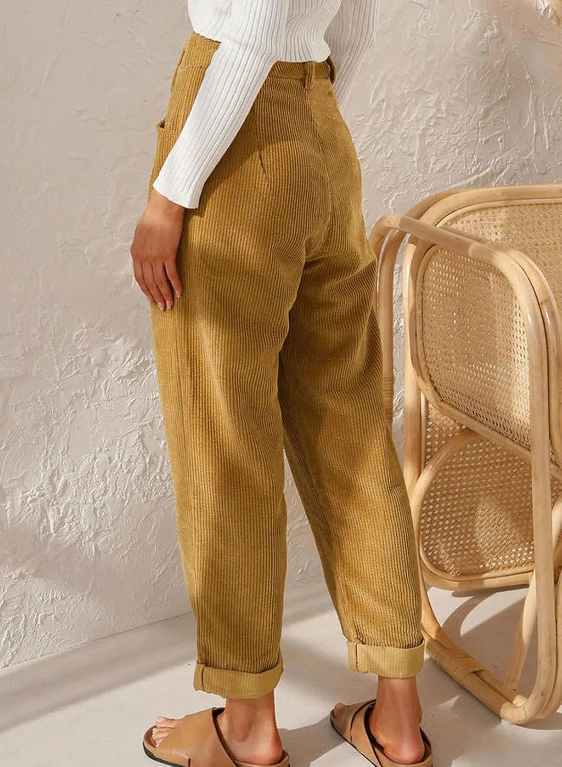 EVALESS Corduroy Pants for Women Casual High Waisted Straight Leg Pants Loose Comfy Trousers with Pockets